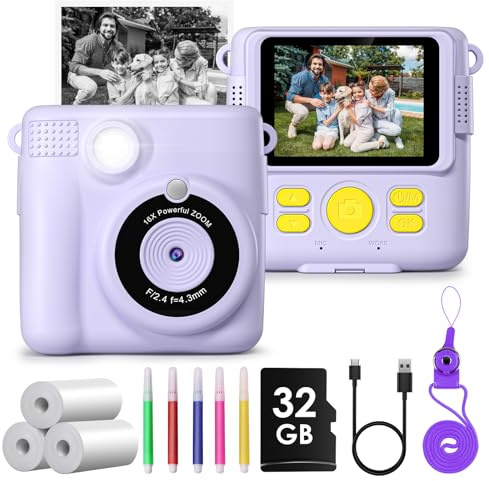 Appareil photo instantané pour enfants, appareil photo numérique 1080P avec impression instantanée, carte de 32 Go et 3 rouleaux de papier thermique, cadeau d'anniversaire pour garçons et filles de 3