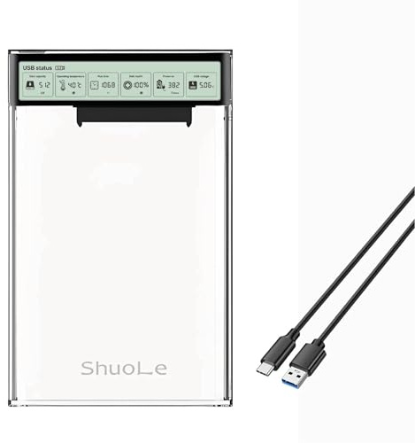 Tcorporation Transparent hårddiskhölje med smart LCD-skärm, 5 Gbps USB 3.0, 2,5 HDD/SSD-kompatibel, realtemperaturövervakning, kapacitet och tillstånd