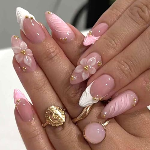 Ceboic 24Pcs French Tip False Nails, Pink White Press on Nails Almond with 3D Flowers & Gold Pearls Designs, Glossy Acrylic Full Cover Gel Fake Nail, Natural Reusable Stick on Nails for Women Girls