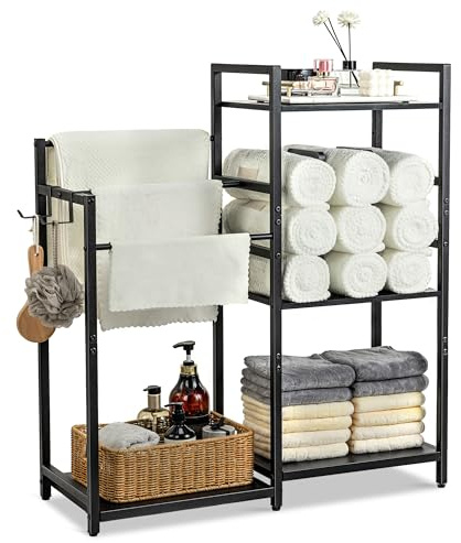 Aquzee Bathroom Storage Shelf, 3-Tier Freestanding Towel Rack, Black Wooden Towels Dryer Rails, U-Shaped Removable Dividers, 2 Movable Hooks, Bath Stand Holder for Toilet paper, Loofahs