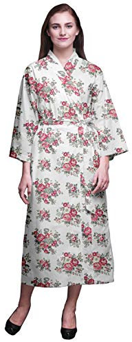 Bimba Weiß Blumen- Blätter & Begonie Lange Roben für Frauen gedruckt Braut fertig Brautjungfer Bademäntel aus Baumwolle XL
