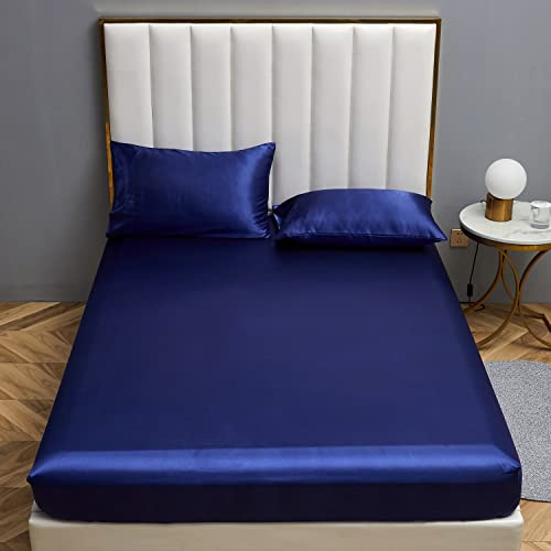 Damier Satin Spannbettlaken 140x200cm Blau Glänzend Seide Bettlaken Hochwertiges Deluxe Unifarben Spannbetttuch, Geeignet für Matratzen bis 30cm