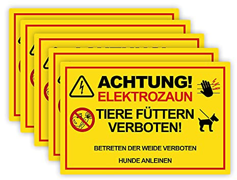 STROBO 5 Stück XXL Achtung Elektrozaun! Tiere füttern und Betreten verboten! Hinweisschild | Stabile 5mm Hartschaumplatte als 40x30cm Schild mit UV-Schutz für den Außenbereich