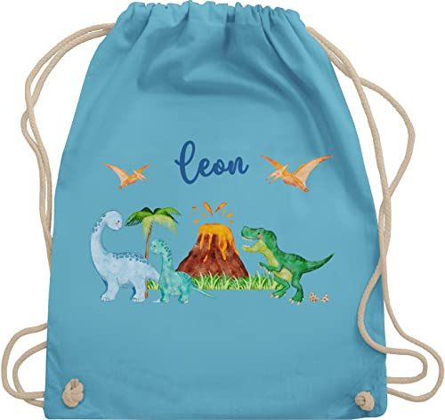 Turnbeutel Rucksack - Geschenk Dinosaurier personalisiert mit Name I Dino I Dinos - Unisize - Hellblau - sportbeutel junge kita beutel für wechselwäsche tier trex turnsack