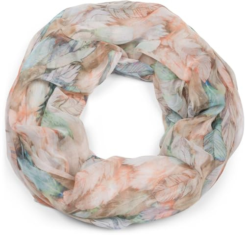 styleBREAKER Écharpe à boucle pour femmes avec motif de plumes colorées, écharpe tube bohème légère et estivale multicolore 01016239, couleur:Beige-turquoise