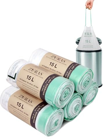 ZURAS® 15 litres Sacs à déchets biologiques avec cordon de serrage 150 pcs. Sacs poubelle compostables et biodégradables, résistants à la déchirure et étanches à l'eau