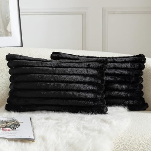 Mandioo 2er Set Kissenbezug gestreiftes Künstlich Pelz Superweich Kissen Flauschig Modern Kissenhülle Deko Sofa Wohnzimmer Schlafzimmer Kissenbezüge 30 x 50 cm Schwarz