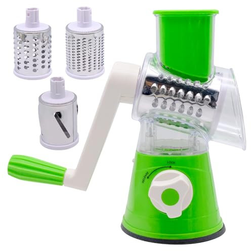 Rallador Giratorio de Queso, Rallador de Queso con Manivela Cortador de Verduras Giratorio Manual con 3 Cuchillas de Tambor Máquina Multifuncional de Corte de Verduras Y Frutas Cortador de Patatas