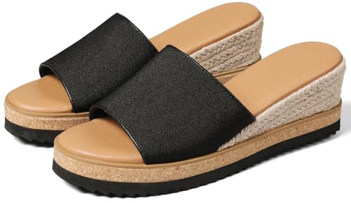 mikarka Slip On Wedge Sandals for Women, Open Toe Resort Platform Sandals Comfortable Beach Sandals Slide Espadrilles Wedges Dressy Summer Sandals Mules, Black Canvas, Size 8