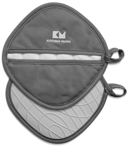 Kitchen Mama 2PCS Silicone Pot Holders - Heat-Resistant, Dual-Pocket Design with Soft Cotton Lining, Practical for Everyday Use Hot Oven, Bowl, Trivets for Hot Pans, Oven Gloves (Metal Grey)