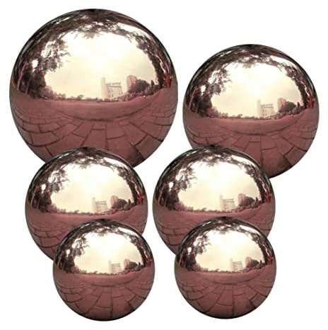 Obelunrp Gazing Balls for Garden, 6pcs 5-15cm Stainless Steel Garden Gazing Ball, Mirror Polished Hollow Reflective Sphere Ornaments for Yard Lawn Patio Decorations (Rose Golden)