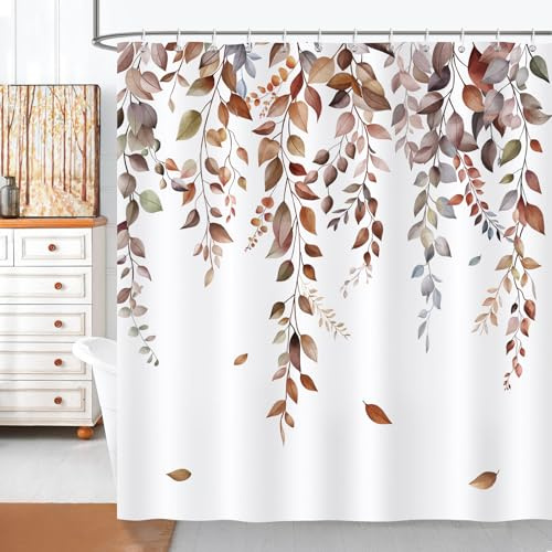 COZZSNUGE Duschvorhang 180 x 180 cm Braun Blätter, Eukalyptus Pflanzen Aquarell Herbst Duschvorhänge Anti-schimmel Wasserdicht Polyester Stoff Badvorhang mit 12 Duschvorhangringen