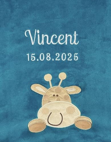 KIDDI-MEDIA Babydecke mit Name und Geburtsdatum, Petrol, Giraffe | Mit Name und Geburtsdatum, Bestickt / kuschelig weich, ÖKO-TEX® Standard 100