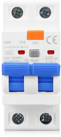 Fi Schutzschalter 16A 30mA 2 Polig, Sicherungsautomat 16A, 230V 30mA 1P+N Leitungsschutzschalter, RCBO 6KA Schutzschalter AC mit Ableitstromschutz, Überlastschutz, FI/LS-Schalter Typ AC