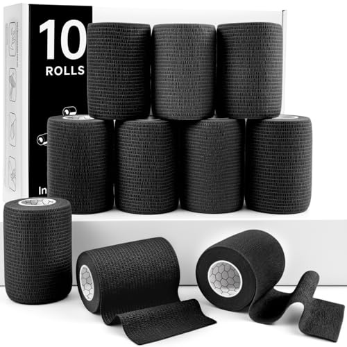 Rokehr Bandage Autoadhésif, 10 Rouleaux 7.5 cm X 4,5 m Bande Cohesive, Bande Strapping Adhésif pour Les Humains et Les Animaux, Elastique Bandage pour Doigt, Poignet, Cheville (Noir)