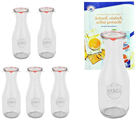 MamboCat 6er Set Weckgläser 1062 ml Saftflaschen mit Deckel Einkochring Klammern I Original Weck Glasflasche Einweckflaschen für Säfte Saucen Öle UVM I inkl. Diamant-Zucker Gelierzauber Rezeptheft