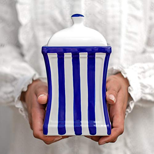 City to Cottage® Cerámica en Azul Marino a Rayas | Hecha y Pintada a Mano | Recipiente Grande de Cerámica con Tapa para Cocina 31,5 oz/900 ml | Contenedor de Comida | Bote
