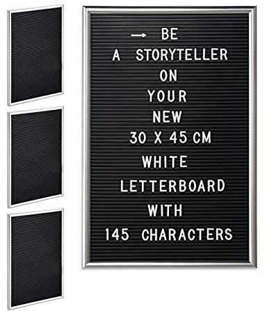 Relaxdays 4 x Letterboard, je 145 Buchstaben, Zahlen, Sonderzeichen, 45x30 cm, Buchstabentafel zum Stecken, Kunststoff, Silber