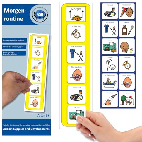 Morgenroutine Tafel Autismus, Visueller Tagesplan mit Bildkarten (Deutsch) | Hilfsmittel für Kinder, ADHS, Schule/Kita/Alltag, kompaktes Format, 5 Schritte, PECS-kompatibel, Boardmaker PCS