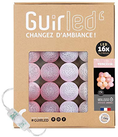 GuirLED - Lichterkette Kugeln Baumwolle - LED USB – Nachtlicht Baby 2 Stunden – Netzadapter – 3 Intensitäten – 16 Kugeln 1.6m – Prinzessin