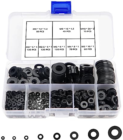 YIXISI 600 Stück Schwarz Flach Unterlegscheiben, Dichtung Ring Sortiment Kit, Runde Distanzscheibe für M2 M2.5 M3 M4 M5 M6 M8 M10 Mechanische Industrie Befestigungen
