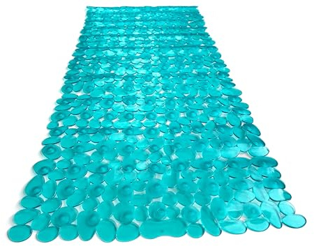 TIKE SMART “Pebbles” Non-Slip Bathtub/Shower Mat 35x16 Rectangular, Non-Toxic, Safe, Clean, Machine-Washable, Superior Grip & Drainage, Vinyl, for Smooth Floors ONLY, Transparent Turquoise