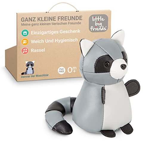 Little Big Friends Tiny Friends – Weiche Baby-Rassel | Tragbares Sensorikspielzeug für unterwegs | Waschbar & Ideal für Kinderwagen | Denver der Waschbär