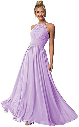 N/ C Halter vestidos largos de dama de honor gasa una línea plisada vestidos de baile con bolsillos C016, Lila, 38