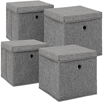 OHS Faux Linen Fabric Cube Storage Unit Boxes with Lid, Foldable Collapsible Cube Storage Box Bedroom Wardrobe Shelves Organiser Storage Baskets for Clothes Toys, Charcoal Grey 4 pack