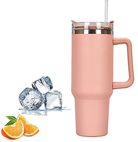 Juliyeh Travel Mug with Handle, Cup with Straw and Handle, Stainless Steel Coffee Mug with Lid Coffee Mug, Insulated Water Bottle for Hot Iced Drink (Pink)