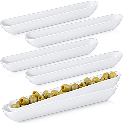 Rtteri 6 Stück Oliven-Tablett, 33 cm, weiß, Oliventeller, lang, schmal, Servierschalen für Unterhaltung, Porzellan, Knallbonbon, Tablett, Boot, Knacker, Halter, Käse, Vorspeisen