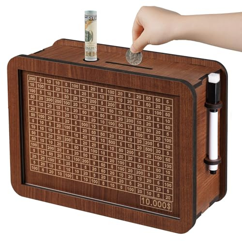 Spardose Holz,Wiederverwendbare Sparbox mit Sparziel und Marker zum ankreuzen,Sparschwein mit Zähler,Hilft Erwachsene und Kindern Die Gewohnheit Zum Sparen,Spardose Kinder Sparbüchse(5000€)
