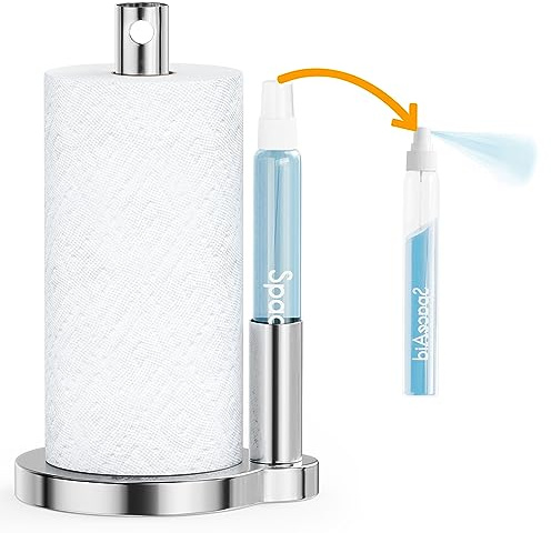 SpaceAid SprayNeat Papierhandtuchhalter mit Sprühflasche, Papierhandtuchspender mit Sprüher in der Mitte, Unterschrank, Papierhandtuchrolle für die Küche (Silber)