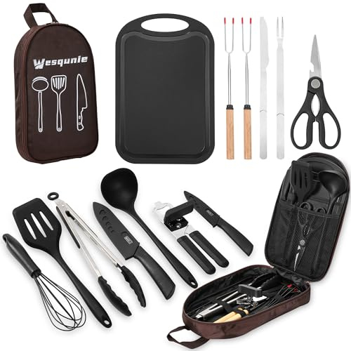 Camping Essentials Cookware Cooking Utensils Set - Portable Camp Kitchen Mess Kit Outdoor Accessories, Stainless Steel & Silicone, Camping Gear Equipment for RV Picnic Grill, Brown