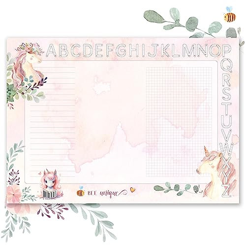 TOBJA DIN A3 Schreibtischunterlage für Mädchen - Süßes Einhorn Design, dickes 90g/m² Papier, mit ABC Leiste zum Ausmalen - Perfekt zur Einschulung | Schreibtischunterlage Papier 25 Blatt