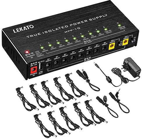 LEKATO Gitarre Pedal Netzteil, 10 Isolierte Ausgang für 9V/12V/18V, Metall Effektpedal-Netzteil mit Kurzschlussschutz für E-Gitarre Bass Effekt Keyboards (MPP-10)