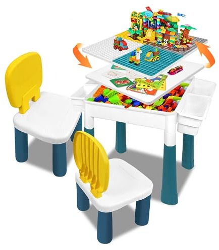 SUBTLETY Table pour enfant 6 en 1 - En plastique - Avec plateau double face - Avec 163 blocs de construction et 2 chaises - Table de bricolage pour chambre d'enfant (type A)