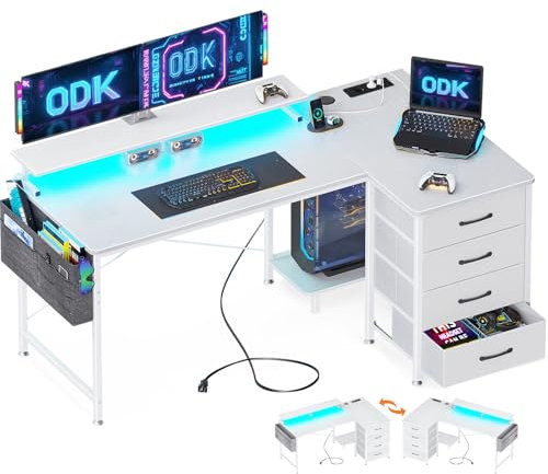 ODK Eckschreibtisch Weiß mit 4 Schubladen, 140x80cm Reversible Schreibtisch L Form mit 2 Steckdosen und 2 USB Ladeanschluss, Gaming Tisch L Form mit LED&Monitorständer für Home Office