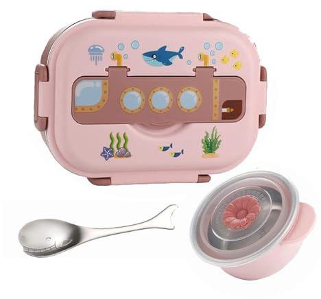 Soulnioi Lonchera Bento para niños, de acero inoxidable, con dibujos animados, para guardería y escuela, contenedor de alimentos con 3 compartimentos (rosa)