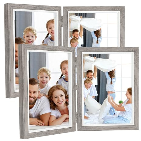 HOMURY Lot de 2 cadres photo doubles pliables - 13 x 18 cm - En bois - Avec verre - Pour 2 photos - Collage pour le bureau (Gris foncé)