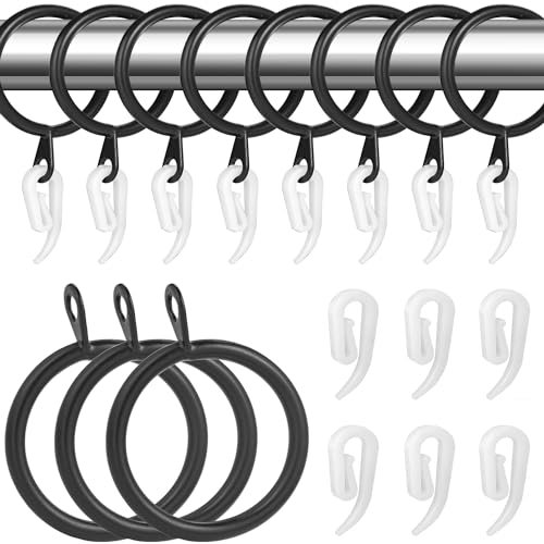 Curtain Rings 22 Set Black Metal Curtain Rings with Curtain Hooks, Curtain Hanging Rings for Pole Rod, 30 mm Internal Diameter…