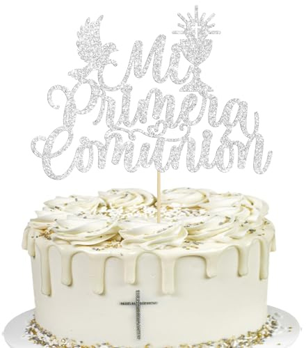 Gyufise 1 decoración para tartas Mi Primera Comunión con purpurina para primera comunión, decoración para tartas de primera comunión, Dios bendiga a este niño, baby shower, boda, bautizo, fiesta,