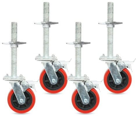 Ruedas de andamio de 6 pulgadas con freno, tornillo de andamio de 1-1/4 pulgadas OD, tornillo de altura de 12 pulgadas, paquete de 4 ruedas de andamio de nivelación ajustables