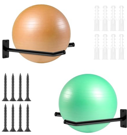 svteli Soporte de pared para pelotas medicinales y esterilla de yoga, soporte de pared para 2 pares de pelotas de ejercicio, soporte de metal para almacenamiento de equipos de fitness en gimnasio o