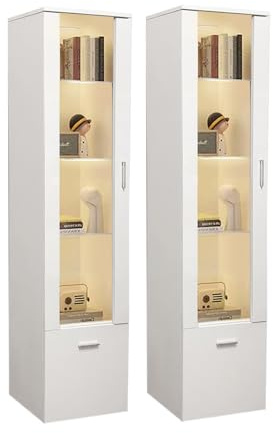 Sossiyule Set di 2 vetrine LED con porta e ripiani in vetro, illuminazione per soggiorno, ufficio, 42 x 30 x 160 cm (bianco)