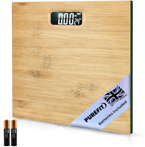 PUREFIT Digitale Personenwaage zur Messung des Körpergewichts, Bambus-Stil, ultradünn, hohe Präzision, intelligente Waage mit LED-Display, Wiegewaage mit Batterie im Lieferumfang enthalten, LB/kg/ST,