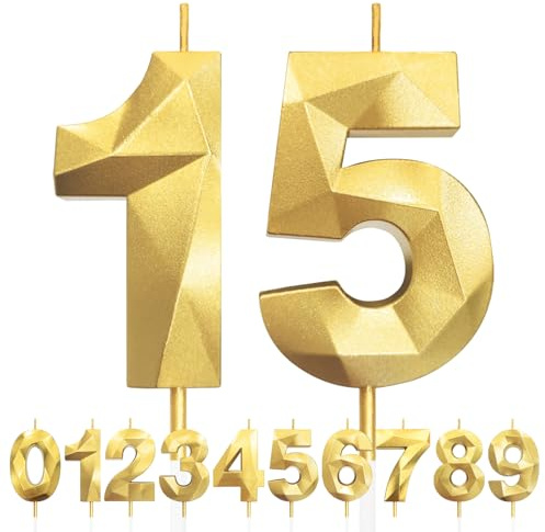 Kerzen zum 15. Geburtstag, Zahl 15, goldene Geburtstagskerzen für Kuchen, Diamant-3D-Happy Birthday-Kerzen, Kuchenkerzen-Dekorationen für Geburtstagsparty, Hochzeitstag, Feier-Zubehör