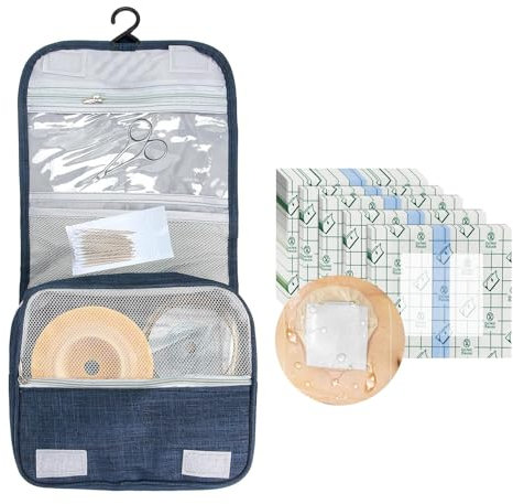 LKLKKC Borsa da viaggio per stomia e colostomia da appendere per stomia, colostomia, catetere Foley + 25 coperture impermeabili per doccia per stomia 20,3 x 20,3 cm, Blu navy + trasparente, taglia