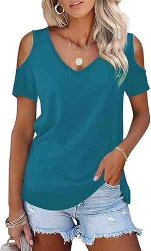 Top Femme Chic et Élégant Coton col V 2026 Vêtements Haut Épaules Dénudées Décontractés à Manches Courtes D'été Tee Shirt
