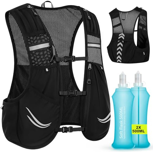 Charmofun Zaino Trail Running, Gilet Running Uomo e Donna, Zainetto Running Leggero con Borraccia Morbida 2 Pezzi 500ml, Zaino Idratazione per Corsa, Ciclismo, Maratona, Alpinismo (L)